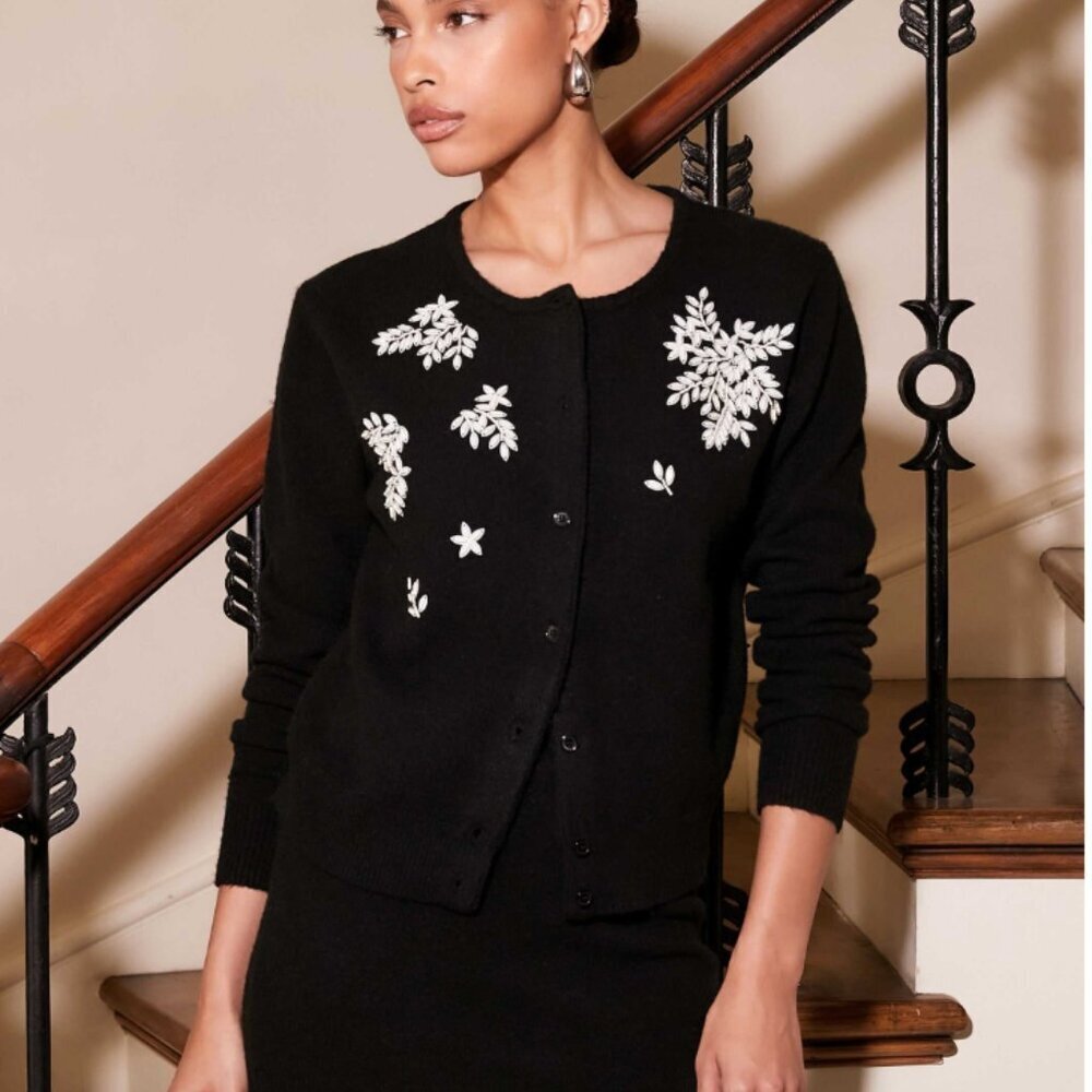 Fifteen Twenty Bree Embellished Beaded Embroidered Cardigan Sweater Black Small